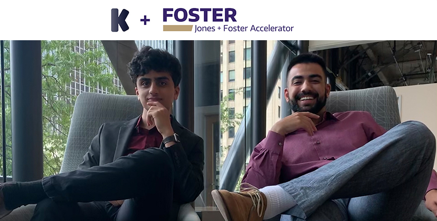 Amin Shaykho and Nour Ayad sitting on chairs smiling after getting accepted into the Jones Foster Accelerator