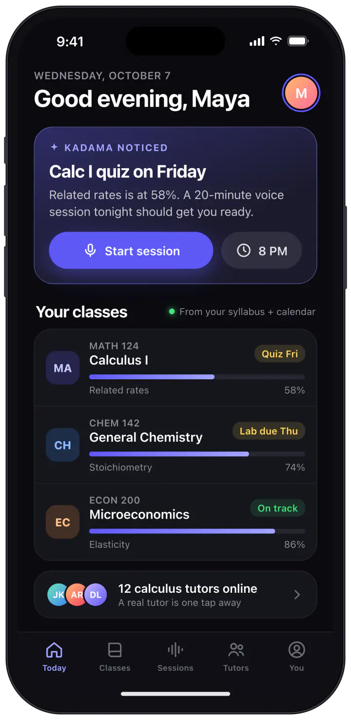Kadama home screen: a quiz on Friday, related rates at 58 percent, and three classes with their progress