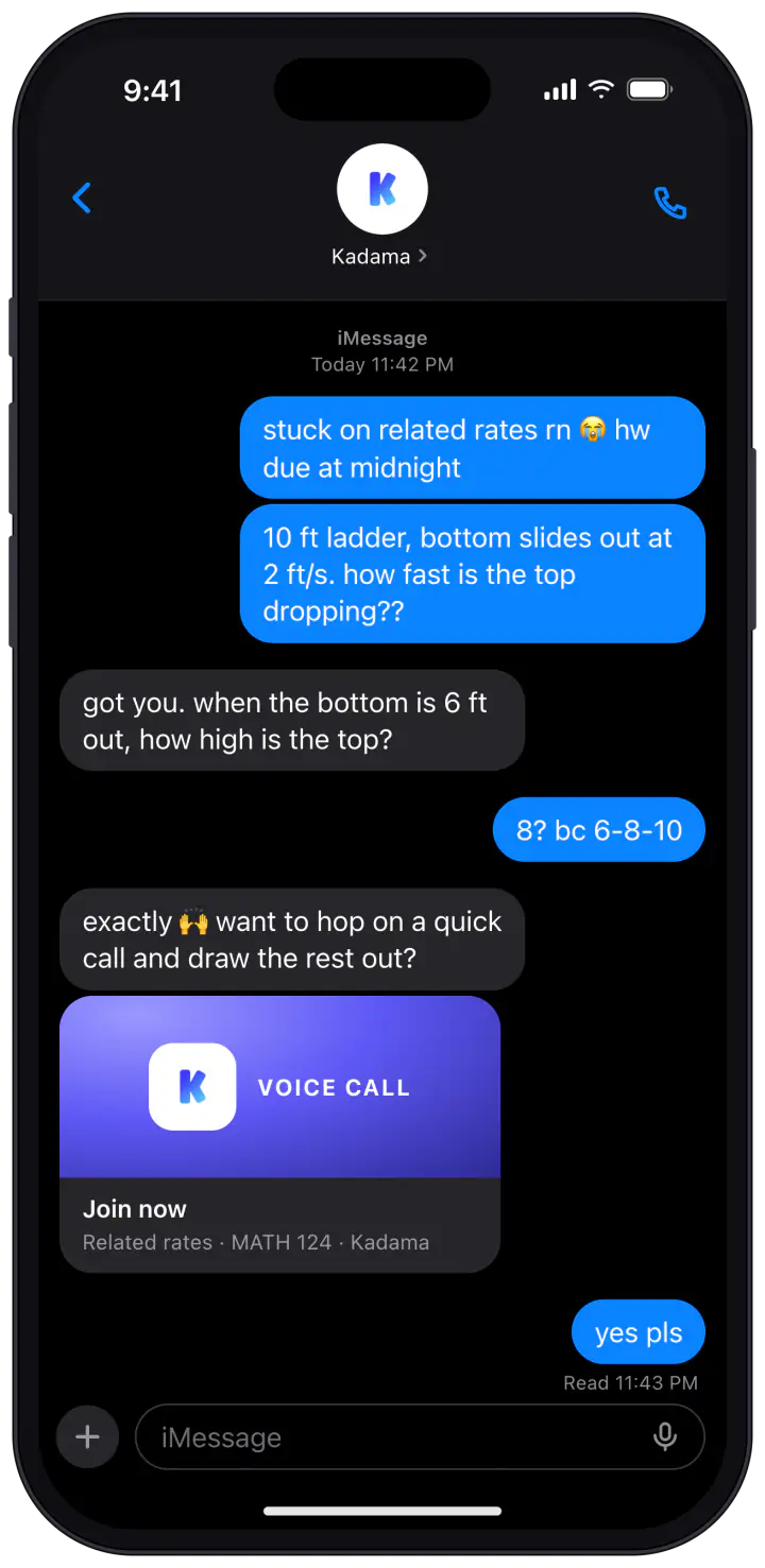 A student texting Kadama on iMessage about related rates homework