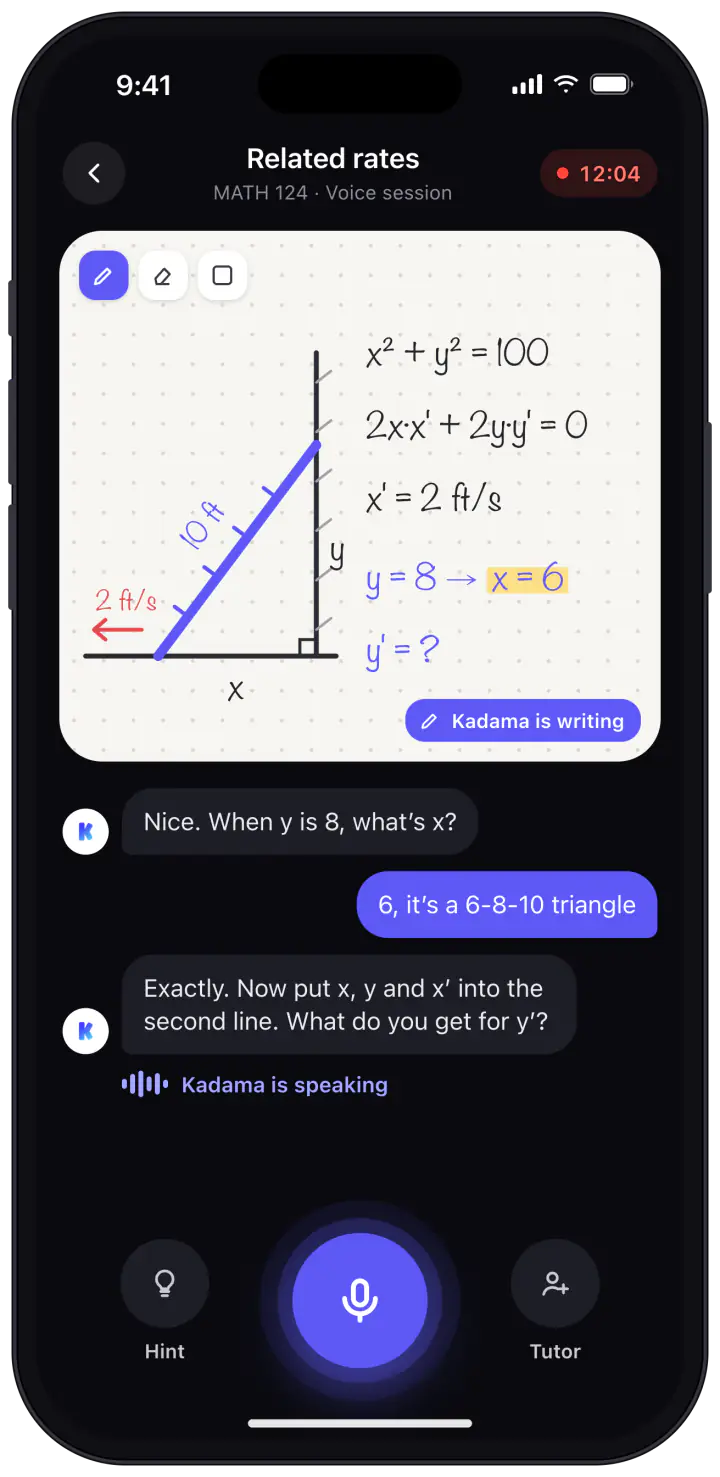 Kadama voice session working through a related rates problem on a whiteboard