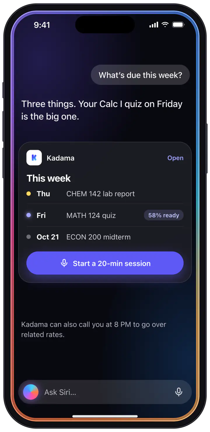 Siri showing a student’s week from Kadama with a button to start a session