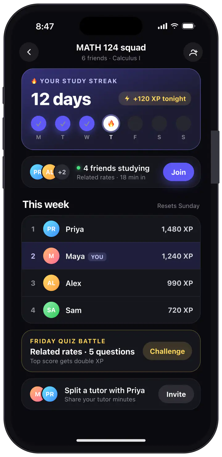 Kadama study squad for MATH 124: a 12-day study streak, friends studying now, a weekly leaderboard and a Friday quiz battle